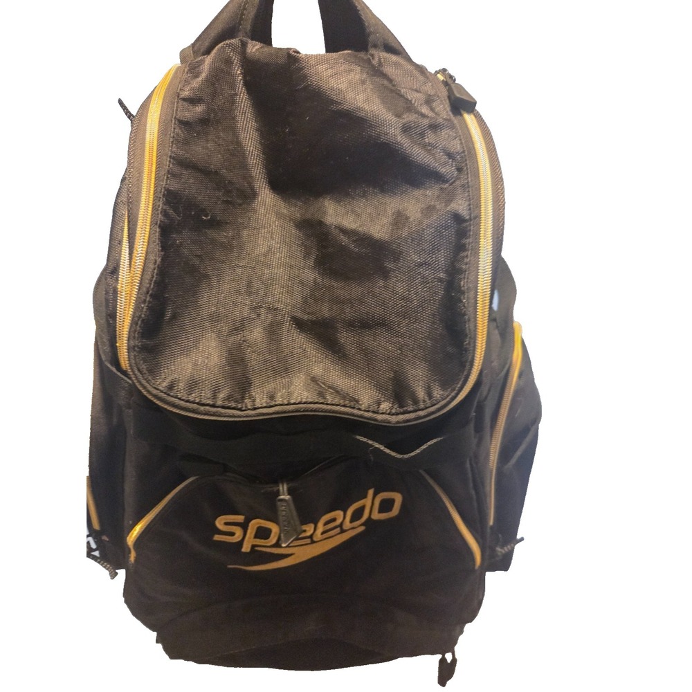 Speedo Teamster Swim Backpack Black Gold 20" Gear Bag Vented Wet Pocket 35L